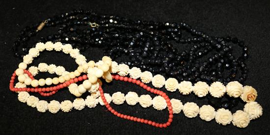 2 x French jet necklaces, 1 coral and 1 ivory necklace